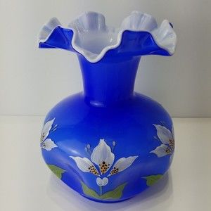 Fenton Blue Ruffle Vase SIGNED Kitty Riley Overlay 8.5 Blue Hand Painted Flowers